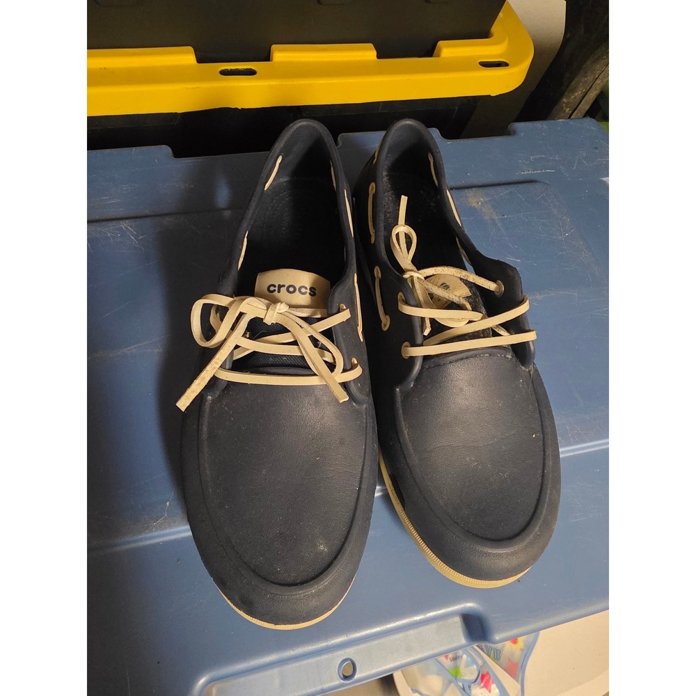 Crocs Beach Line Boat Shoe Navy Blue Tan Mens Size 11 206338 Nautical Casual